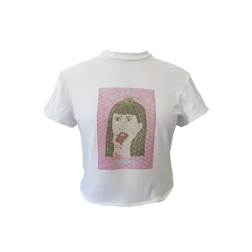 Blusa Baby look em malha- estampa mulher com morango